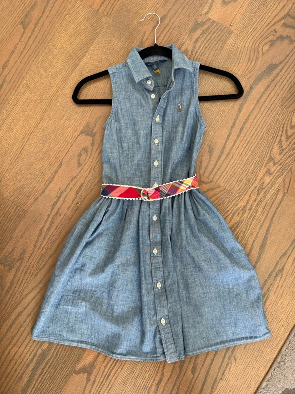 Ralph Lauren Blue Chambray Sleeveless Shirt Dress with Plaid Belt